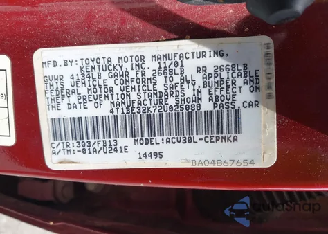 2002 Toyota Camry Le from USA, damaged, VIN 4T1BE32K72U025088